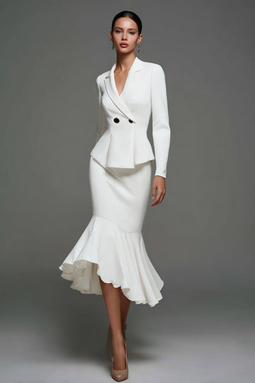 Ivory Notched Lapel Ruffled Midi Blazer Dress